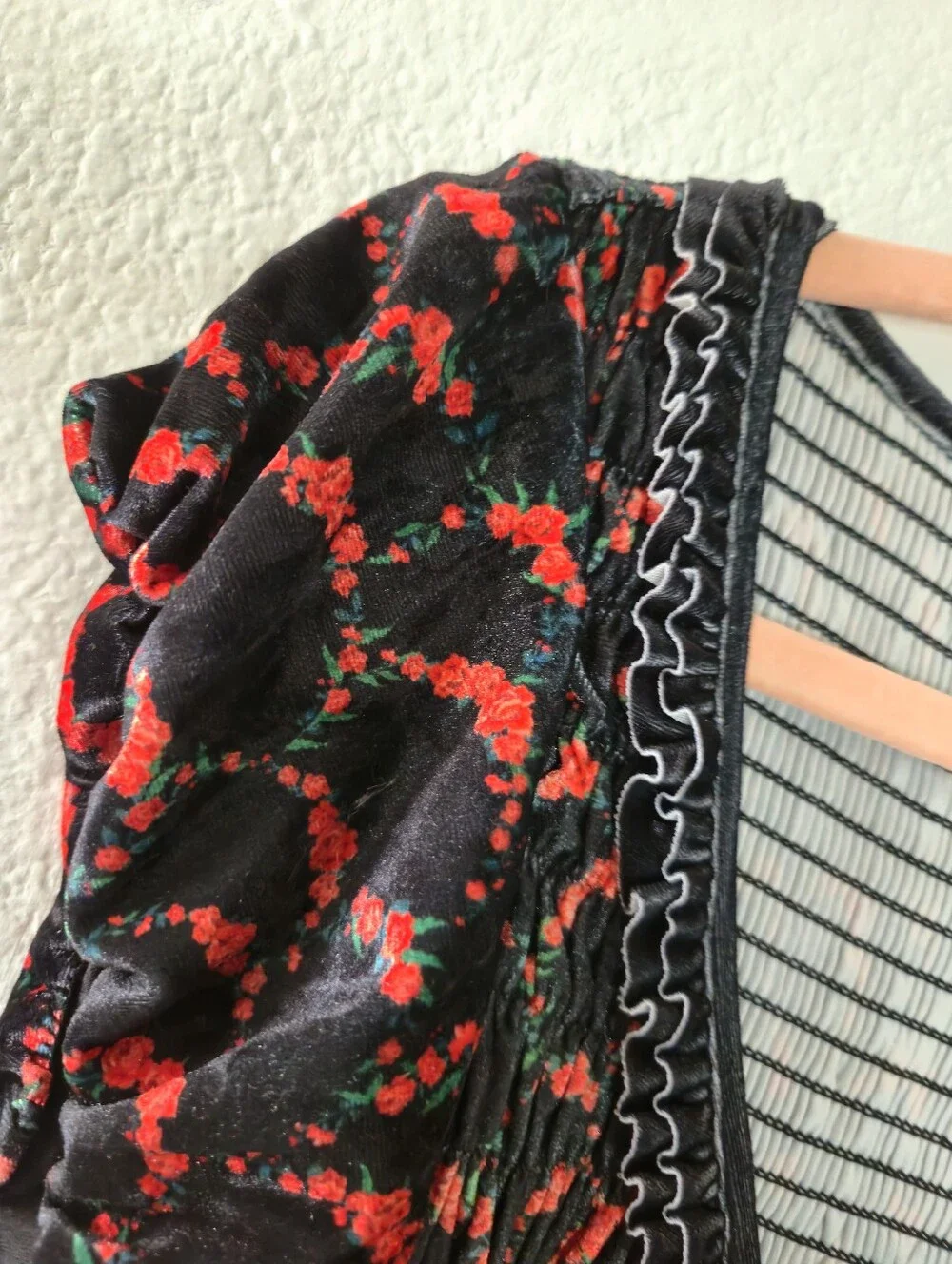 Free People McKenna V Neck Smocked Black & Red Velvet Bodycon Maxi Black Medium